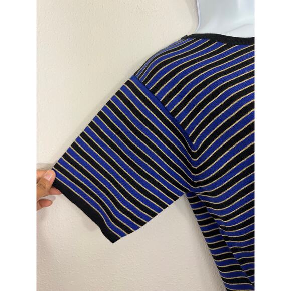 Vintage Norton Studio Blue Black Stripe Knit Top Size Large Hong Kong Retro 90s - Picture 2 of 4